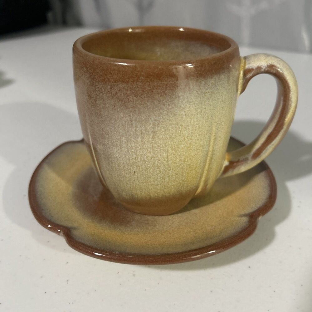 Vintage Frankoma Pottery Plainsman Brown Satin Tea Cup Coffee Mug 6C and Saucer